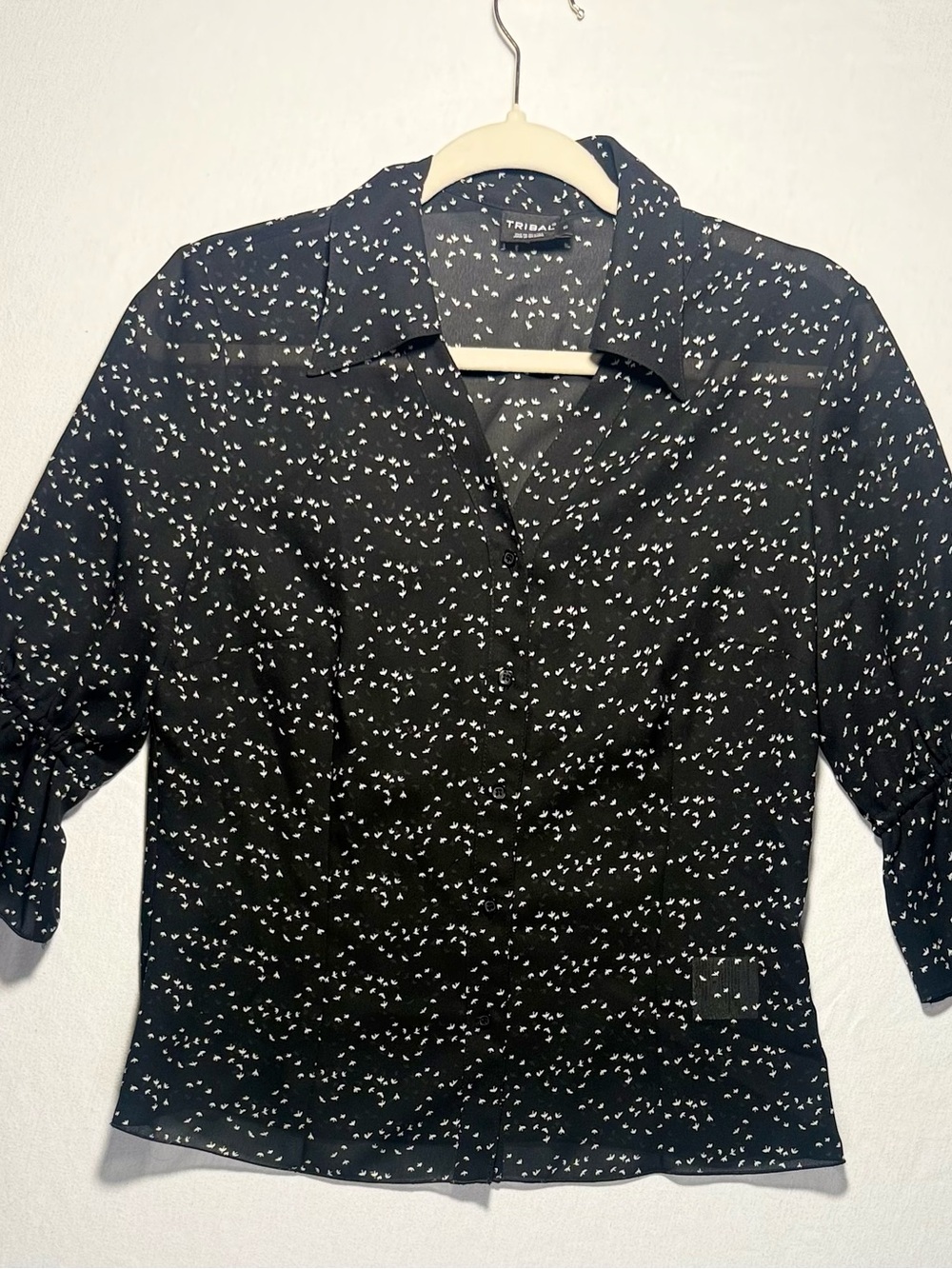Tribal Black Button-Front Blouse with White Micro Dot Print